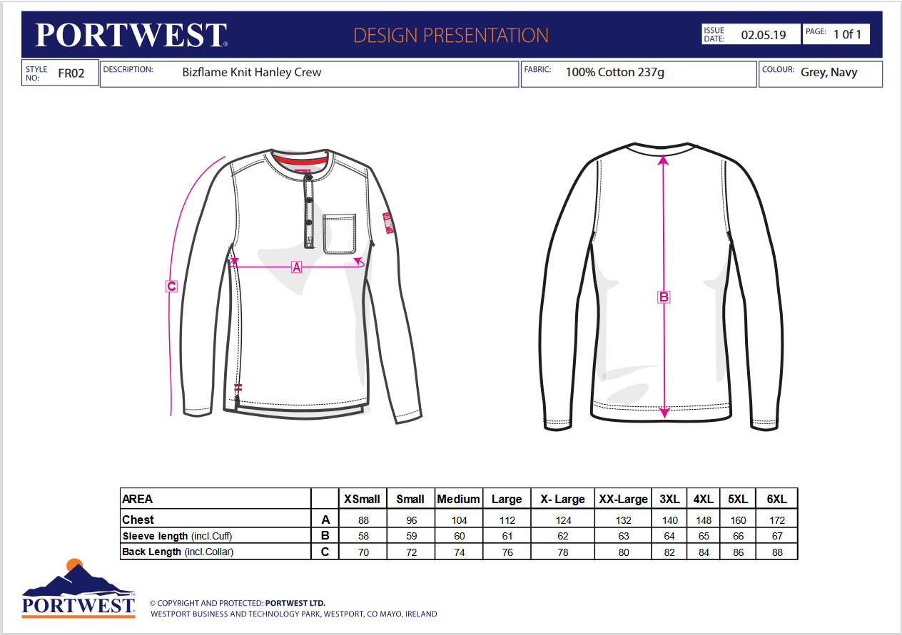 FR02 Portwest® Bizflame® Knit Flame-Resistant Henley - size chart